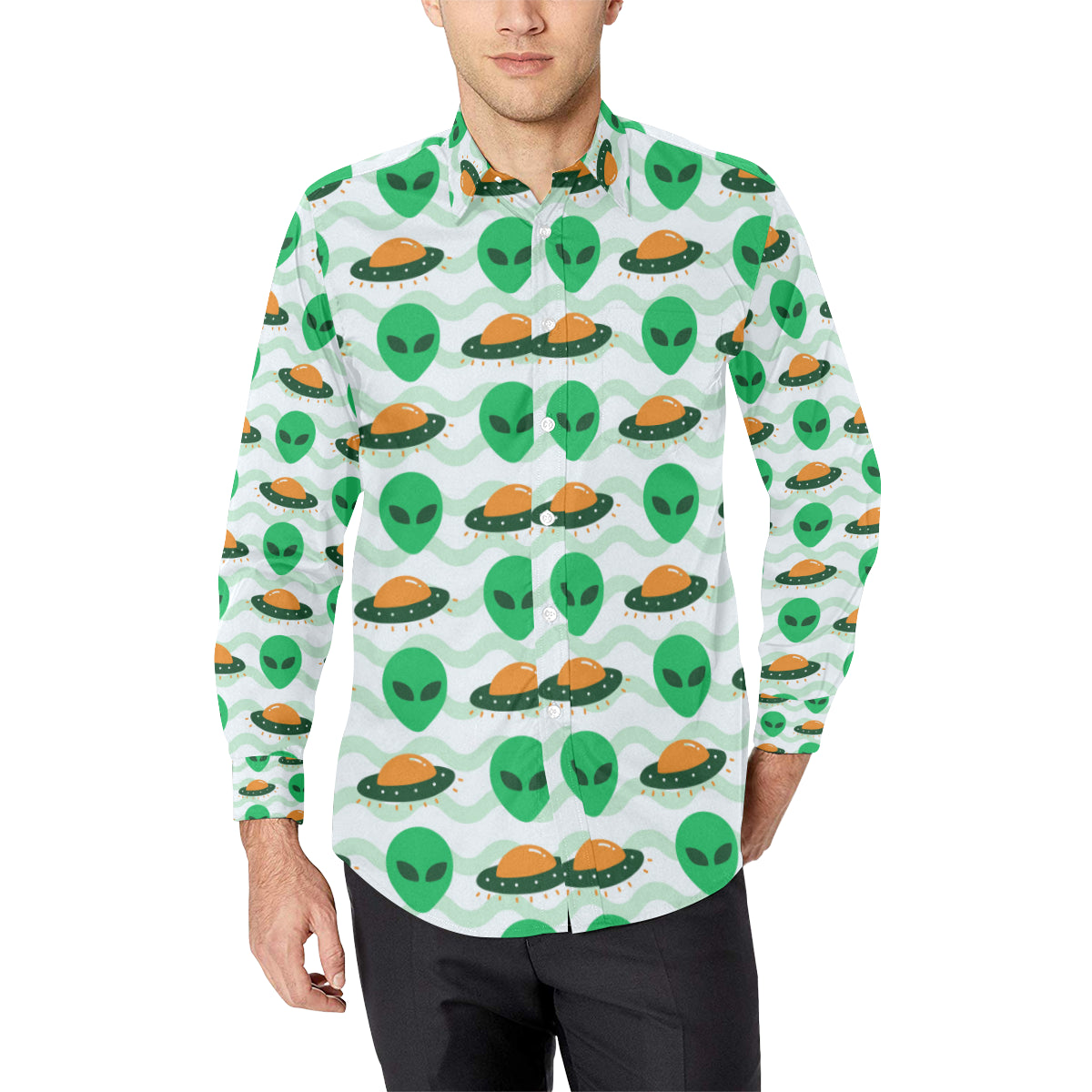 Alien UFO Pattern Print Design 04 Men's Long Sleeve Shirt