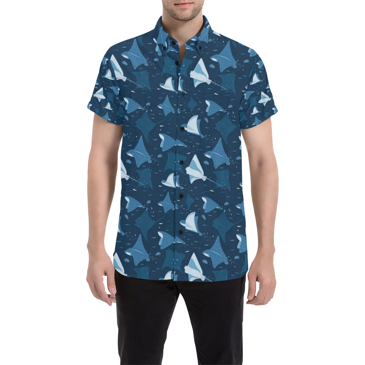 Manta Ray Pattern Print Design 02 Men's Short Sleeve Button Up Shirt