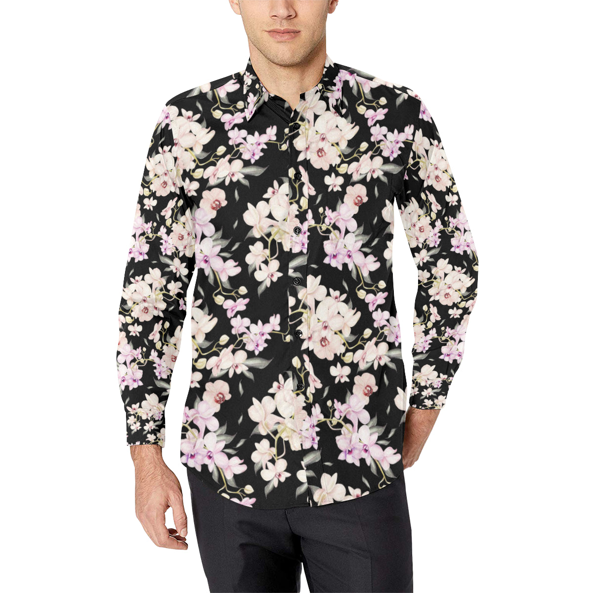 Orchid White Pattern Print Design OR03 Men's Long Sleeve Shirt