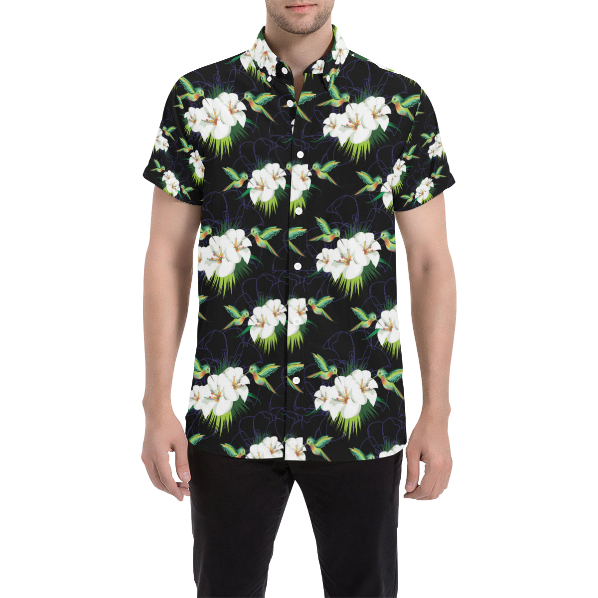 Hummingbird with Flower Pattern Print Design 03 Men's Short Sleeve Button Up Shirt