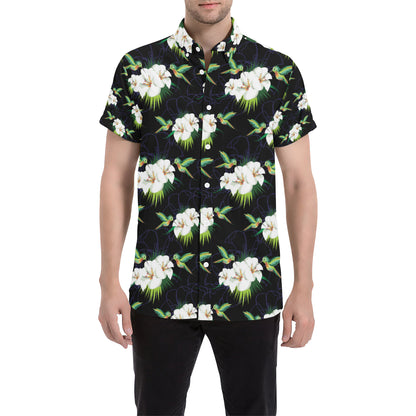 Hummingbird with Flower Pattern Print Design 03 Men's Short Sleeve Button Up Shirt