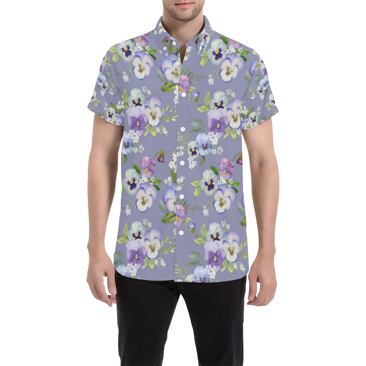 Pansy Pattern Print Design PS05 Men's Short Sleeve Button Up Shirt