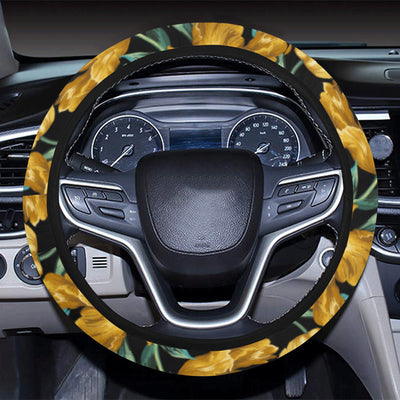 Elegant Yellow Tulip Print Steering Wheel Cover with Elastic Edge