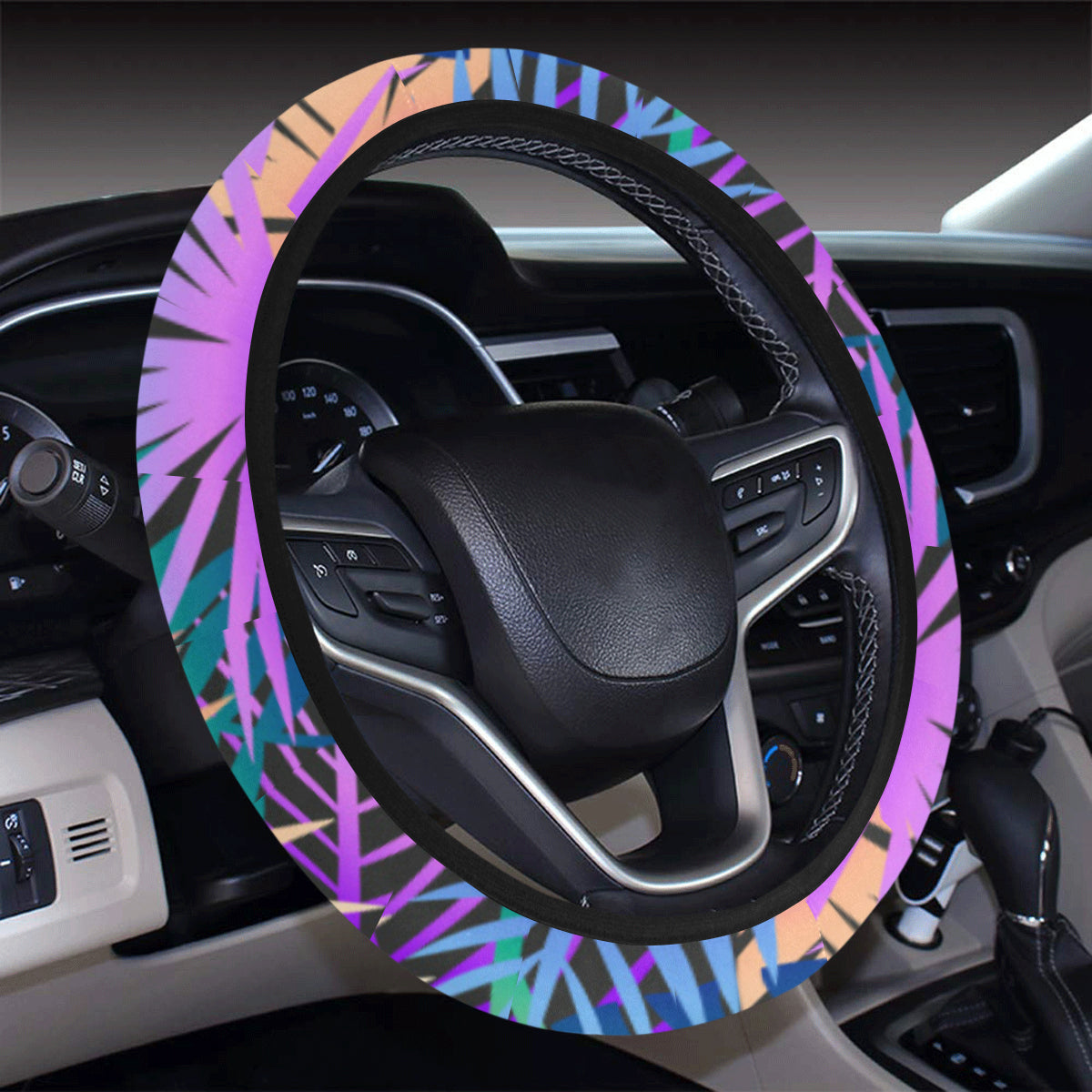 Neon Flower Tropical Palm Leaves Steering Wheel Cover with Elastic Edge