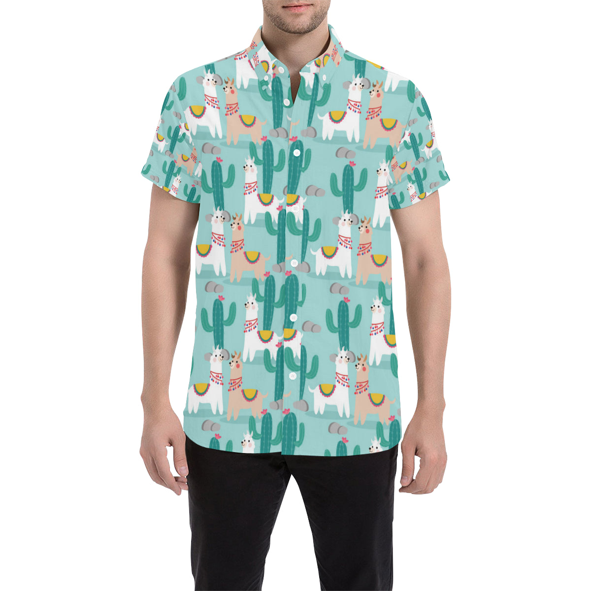 Llama Cactus Pattern Print Design 08 Men's Short Sleeve Button Up Shirt