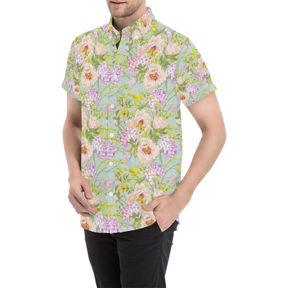 Hydrangea Pattern Print Design HD02 Men's Short Sleeve Button Up Shirt