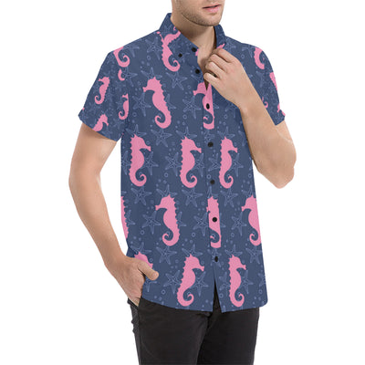 SeaHorse Pink Pattern Print Design 02 Men's Short Sleeve Button Up Shirt