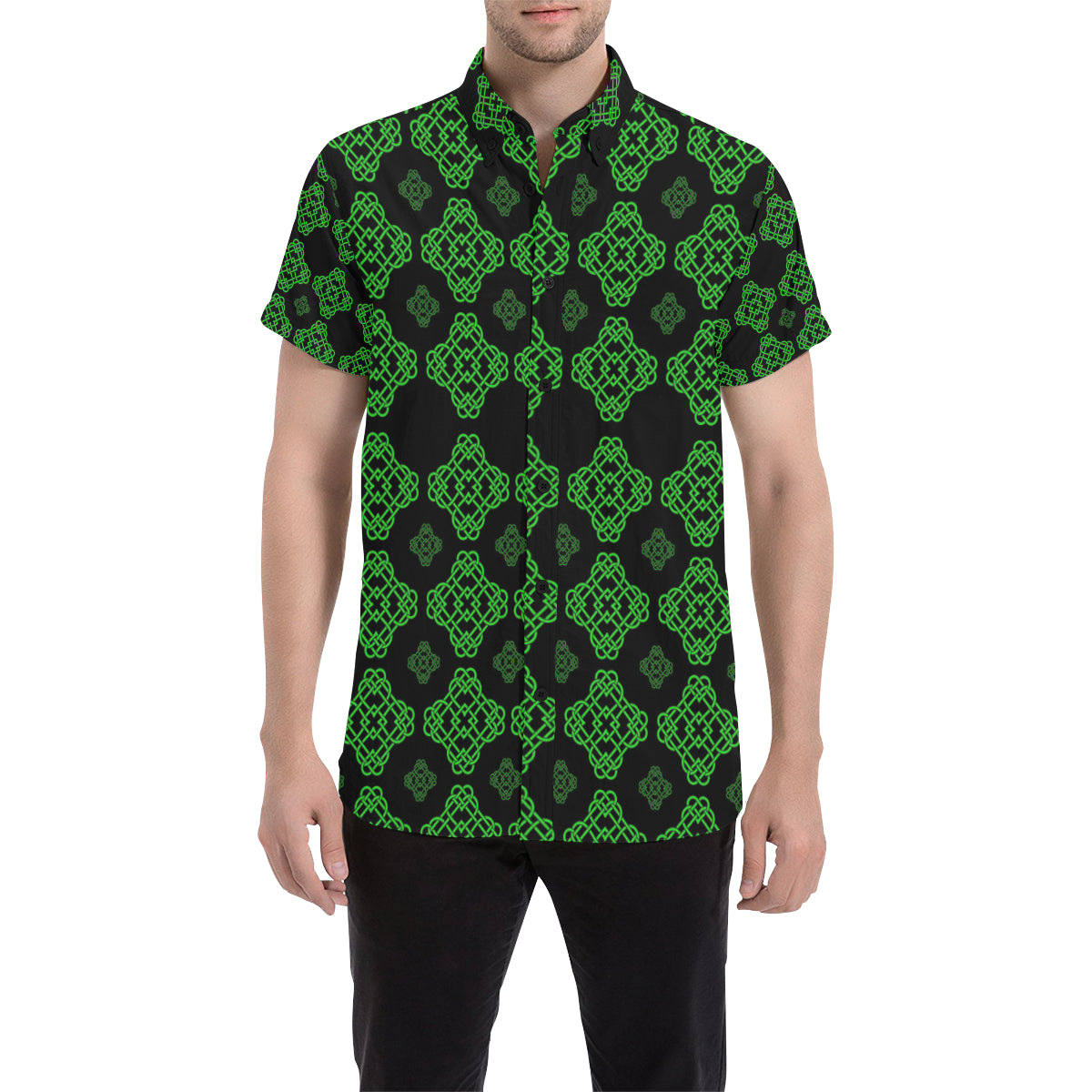 Celtic Knot Green Neon Design Men's Short Sleeve Button Up Shirt