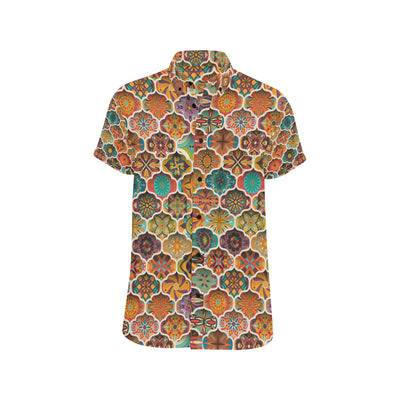 Mandala Mosaic Themed Design Print Men's Short Sleeve Button Up Shirt