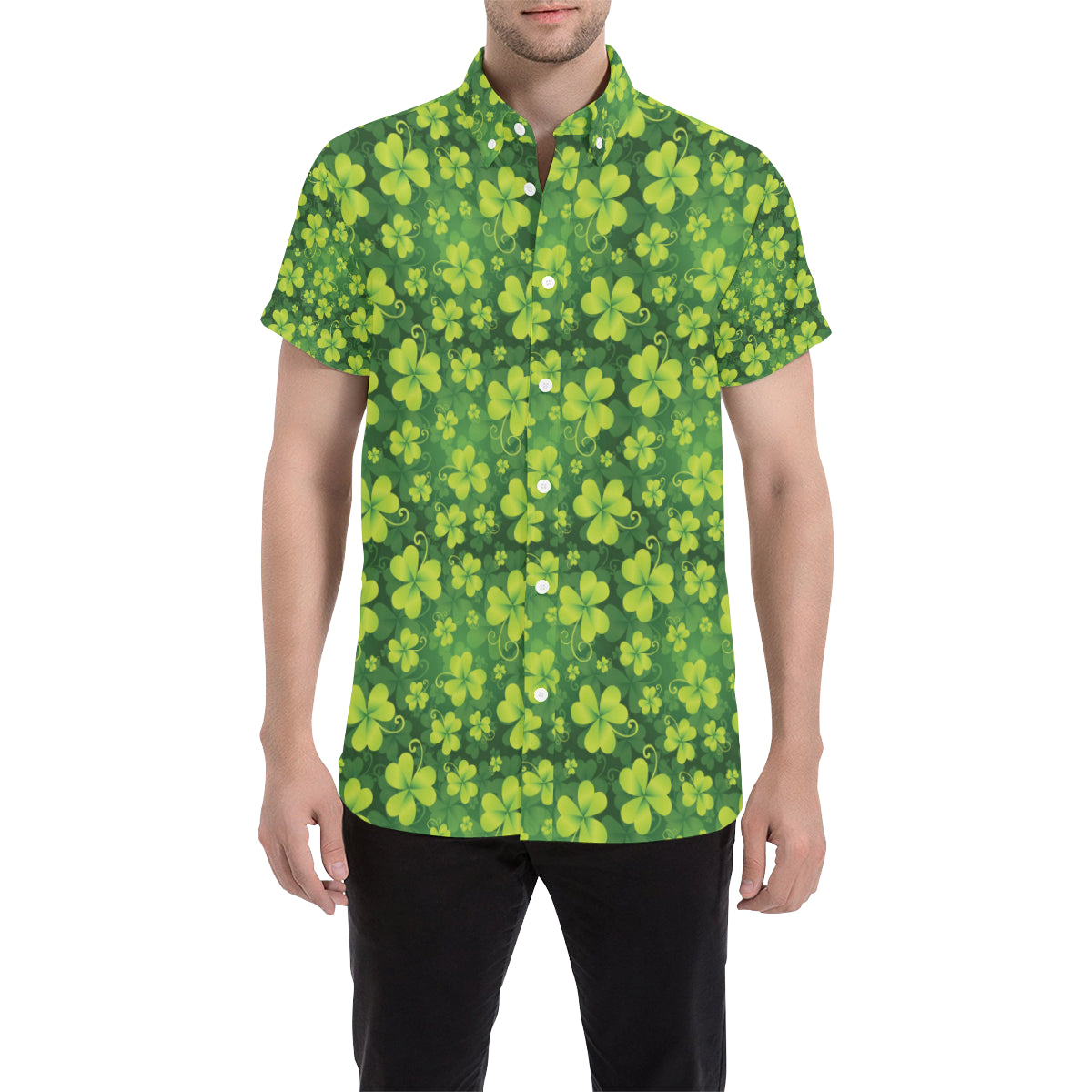 Shamrock Clover Print Men's Short Sleeve Button Up Shirt