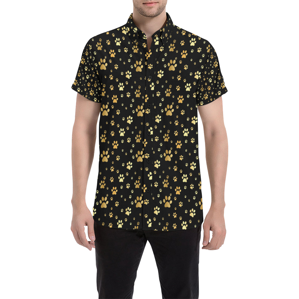 Paw Gold Print Men's Short Sleeve Button Up Shirt