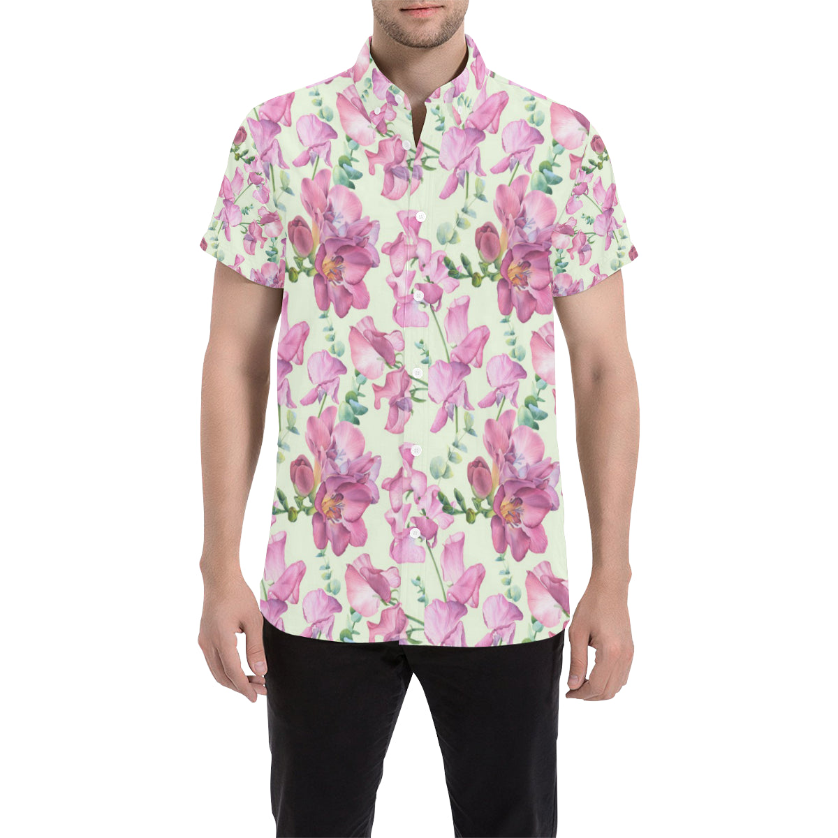Peony Pattern Print Design PE011 Men's Short Sleeve Button Up Shirt