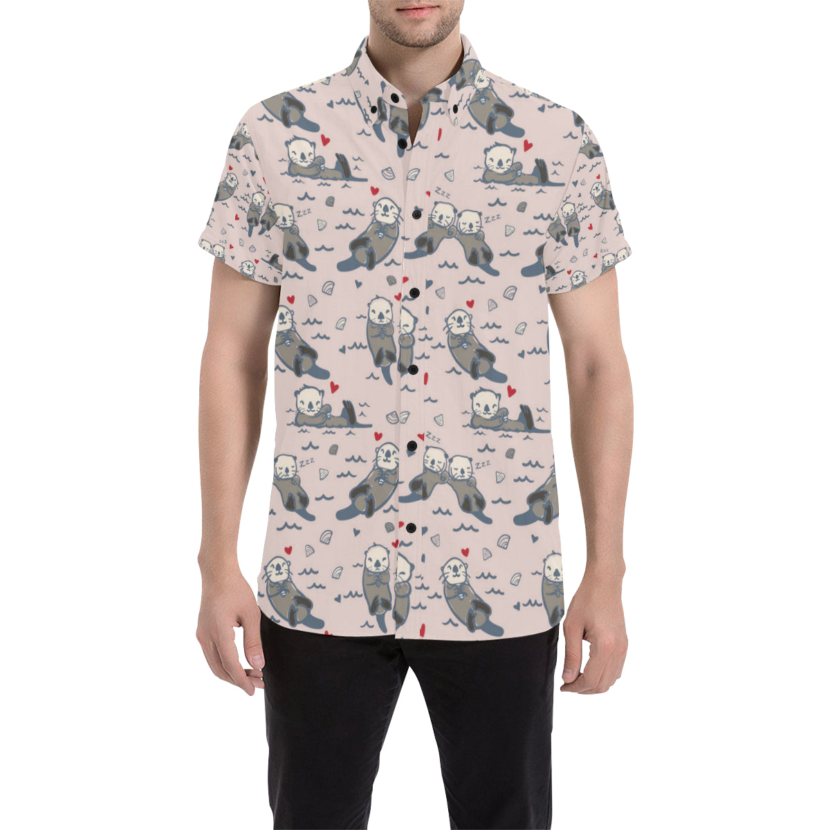 Sea Otter Pattern Print Design 02 Men's Short Sleeve Button Up Shirt