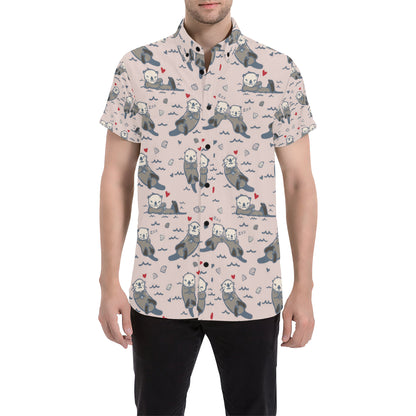 Sea Otter Pattern Print Design 02 Men's Short Sleeve Button Up Shirt