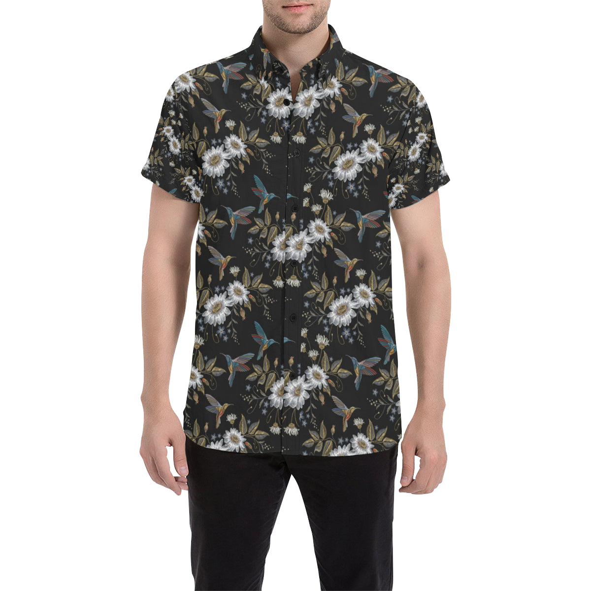 Hummingbird with Embroidery Themed Print Men's Short Sleeve Button Up Shirt