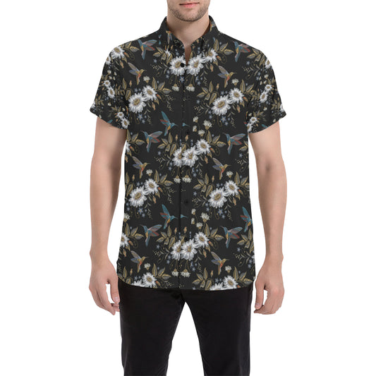 Hummingbird with Embroidery Themed Print Men's Short Sleeve Button Up Shirt