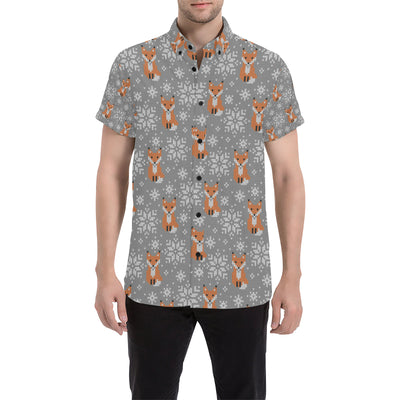 Knit Red Fox Pattern Print Design 02 Men's Short Sleeve Button Up Shirt