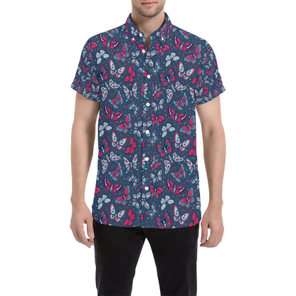Butterfly Red Deep Blue Print Pattern Men's Short Sleeve Button Up Shirt