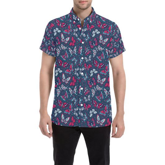 Butterfly Red Deep Blue Print Pattern Men's Short Sleeve Button Up Shirt