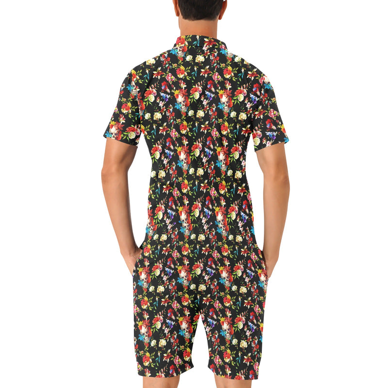 Skull Roses Flower Design Themed Print Men's Romper