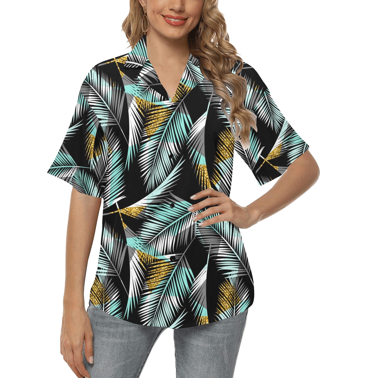 Gold Glitter Cyan Tropical Palm Leaves Women's Hawaiian Shirt