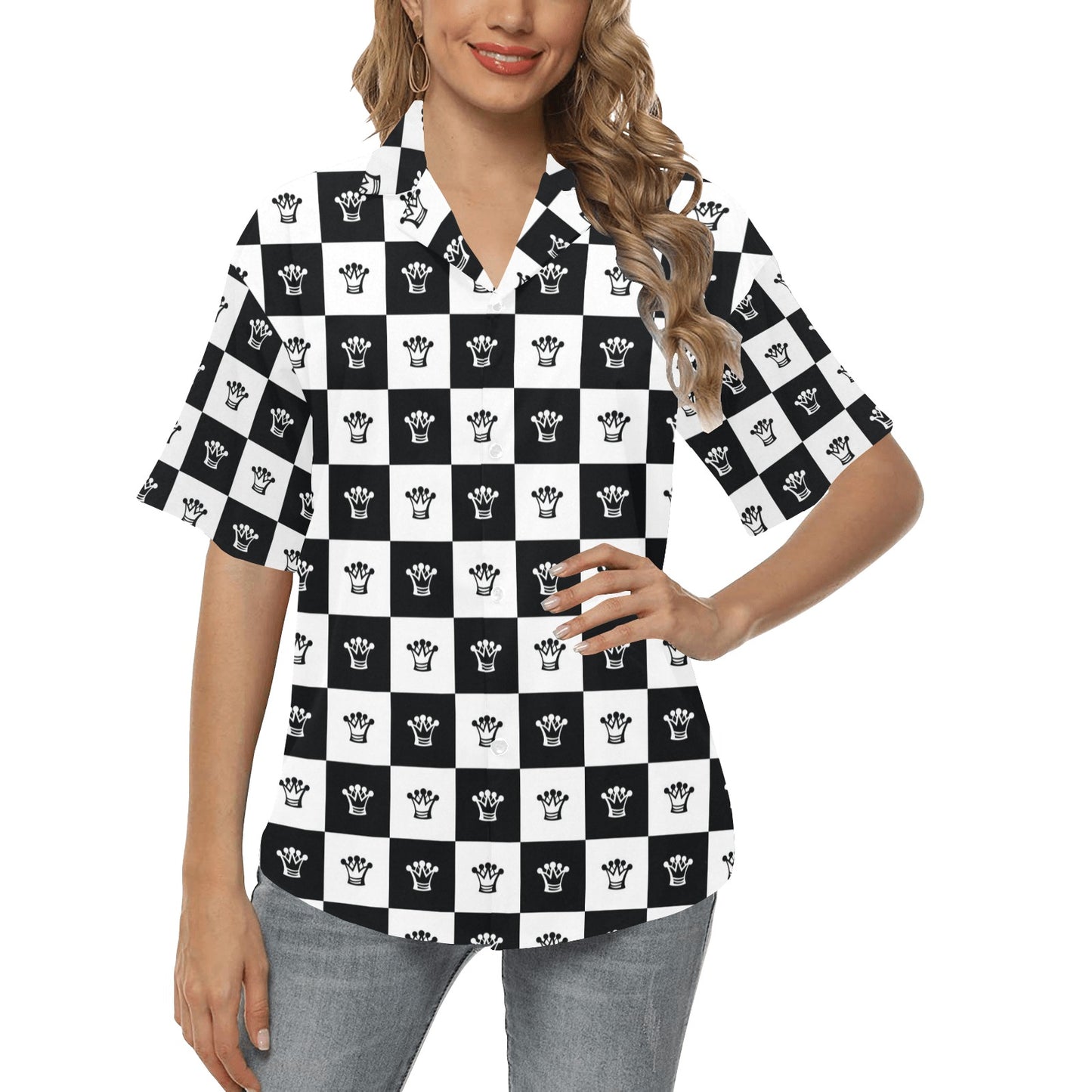 Checkered Flag Crown Pattern Women's Hawaiian Shirt