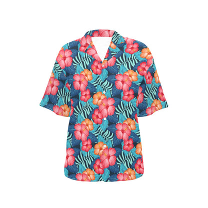 Red Hibiscus Pattern Print Design HB02 Women's Hawaiian Shirt