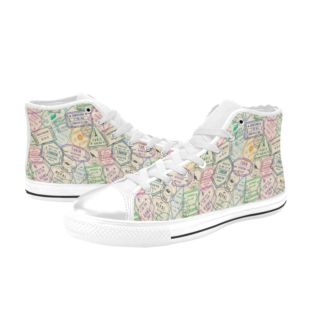 Travel Stamp Print Design LKS303 High Top Women's White Shoes