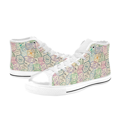 Travel Stamp Print Design LKS303 High Top Women's White Shoes