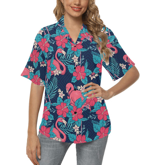 Flamingo Red Hibiscus Pattern Women's Hawaiian Shirt