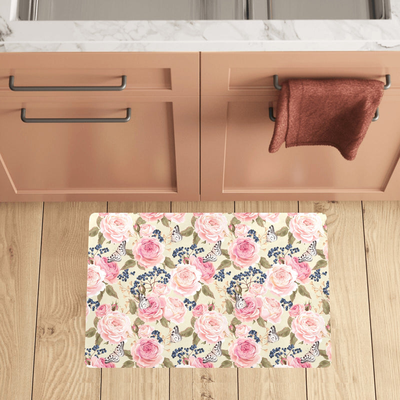 Floral Pink Butterfly Print Kitchen Mat