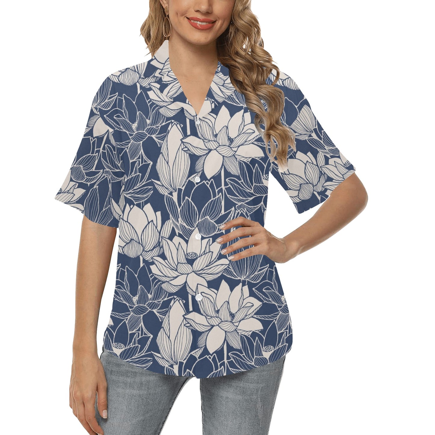 Water Lily Pattern Print Design WL04 Women's Hawaiian Shirt