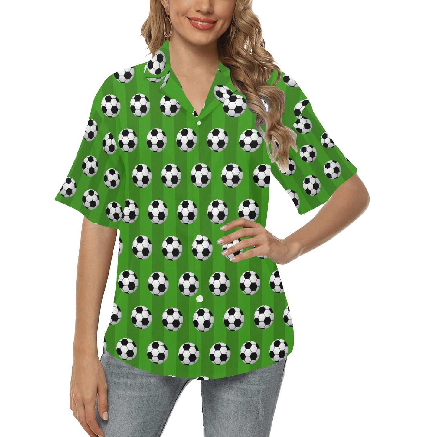 Soccer Ball Green Backgrpund Print Women's Hawaiian Shirt