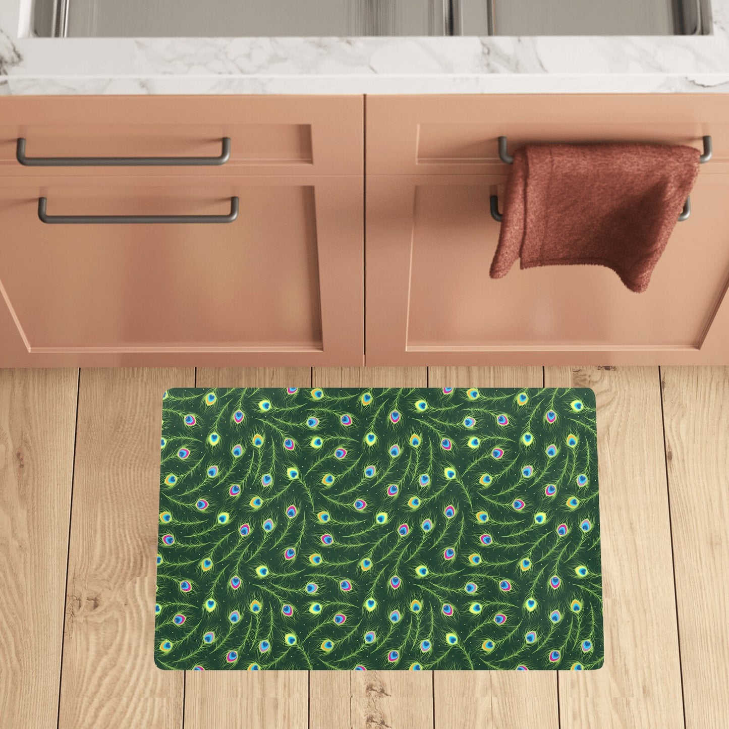 Peacock Feather Green Design Print Kitchen Mat