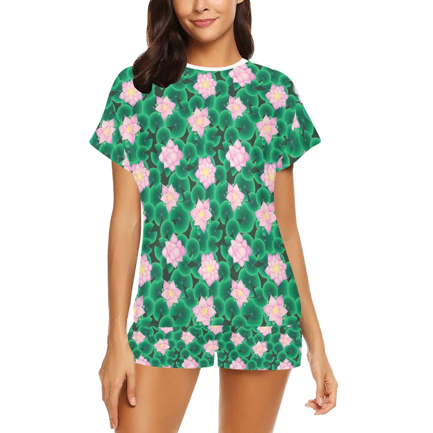 Water Lily Print Design LKS303 Women's Short Pajama Set