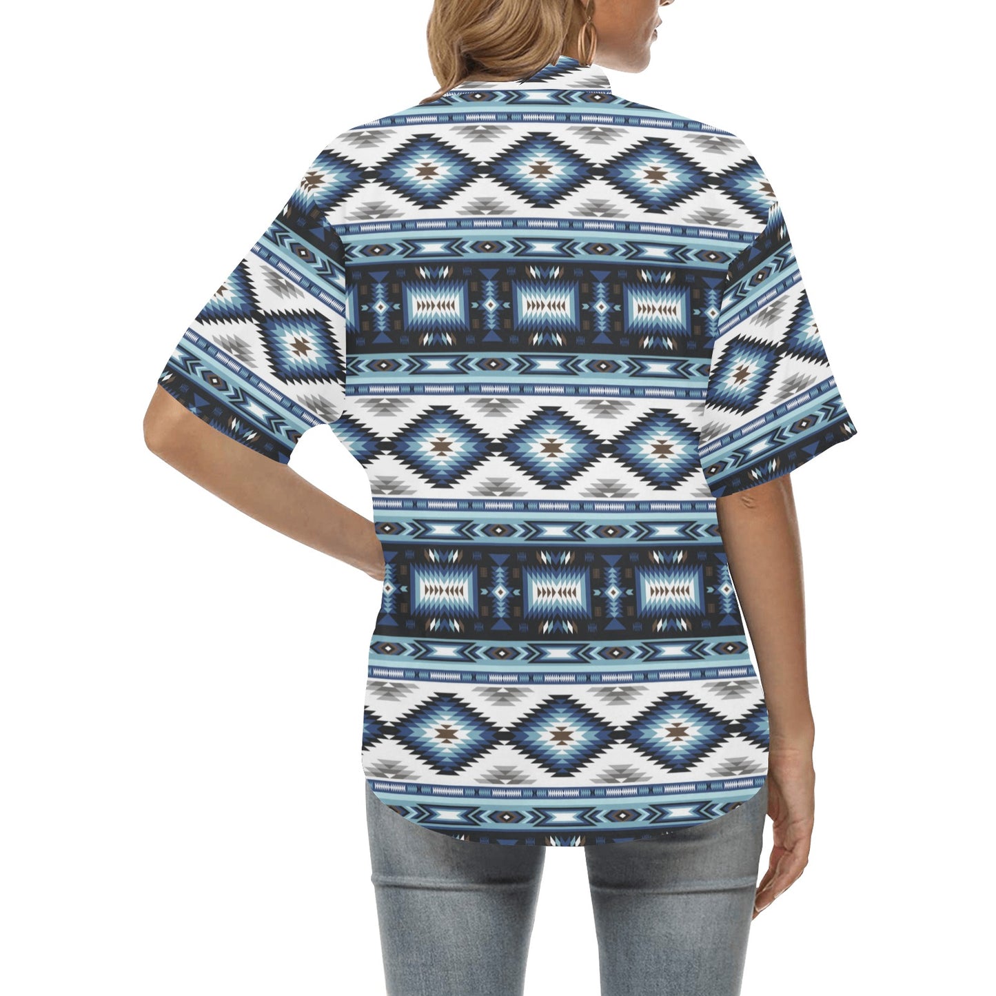 Navajo Dark Blue Print Pattern Women's Hawaiian Shirt