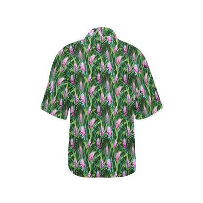 Tropical Folower Pink Heliconia Print Women's Hawaiian Shirt