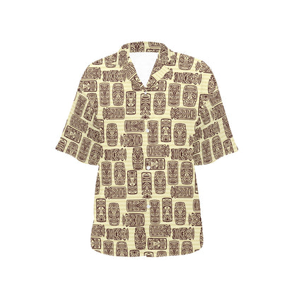 Tiki Brown Mask Print Women's Hawaiian Shirt