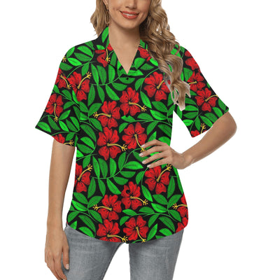 Red Hibiscus Embroidered Pattern Print Design HB032 Women's Hawaiian Shirt