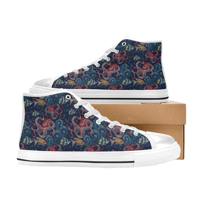 Underwater Giant Squid Print Design LKS302 High Top Women's White Shoes