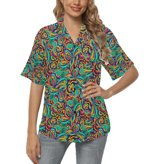 Psychedelic Trippy Floral Design Women's Hawaiian Shirt