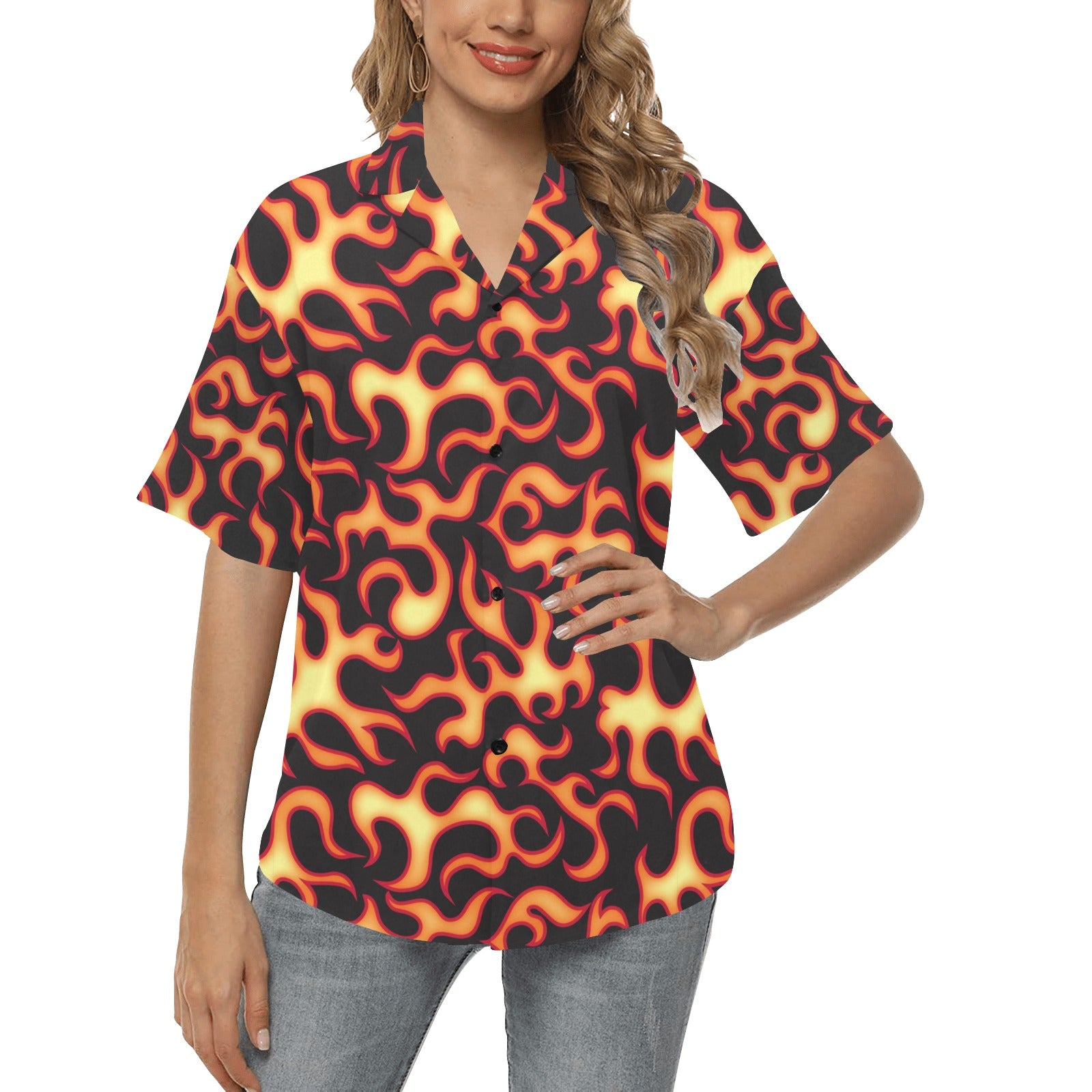 Flame Fire Themed Print Women's Hawaiian Shirt