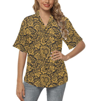 Brocade Gold Pattern Print Design 01 Women's Hawaiian Shirt