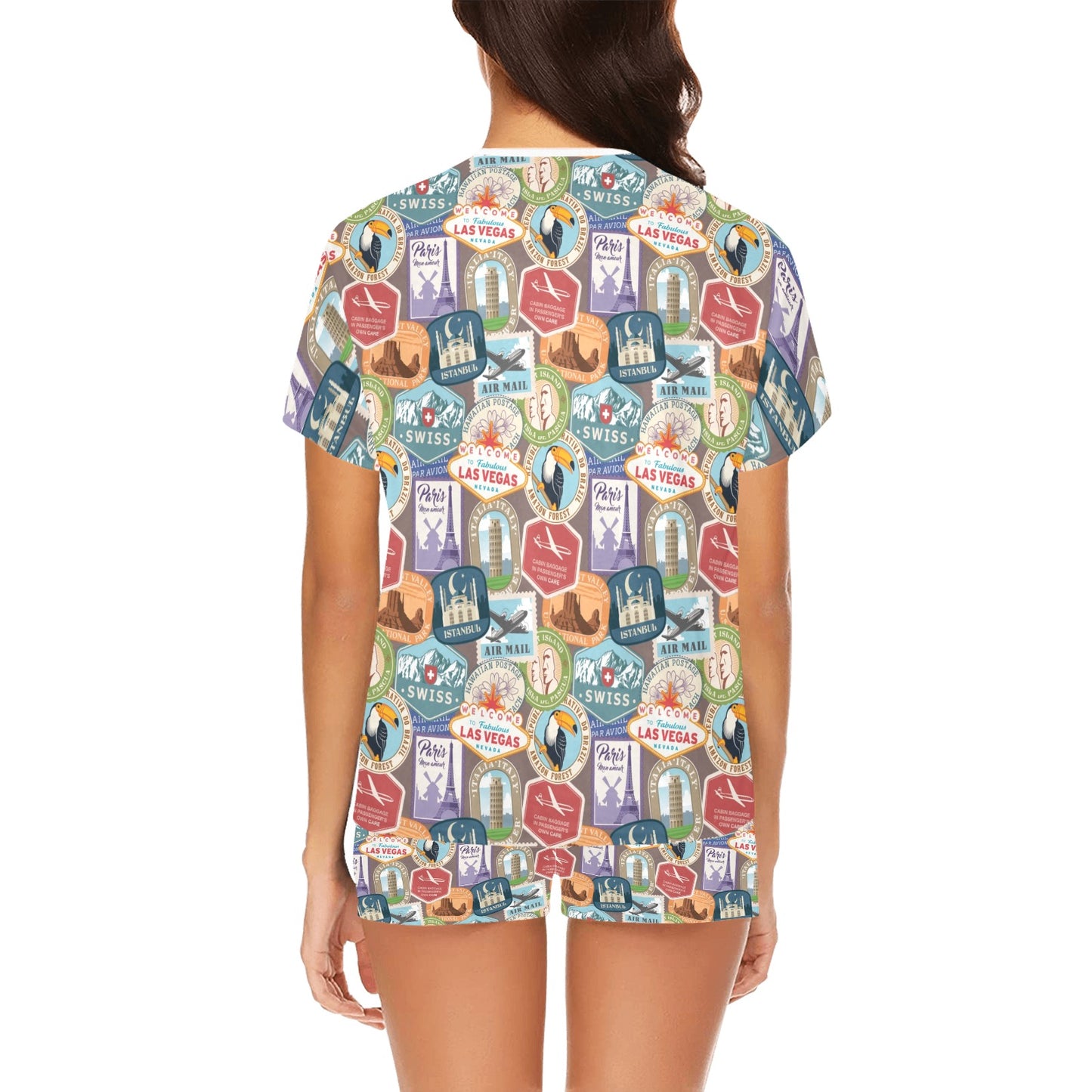 Travel Stamp Print Design LKS301 Women's Short Pajama Set