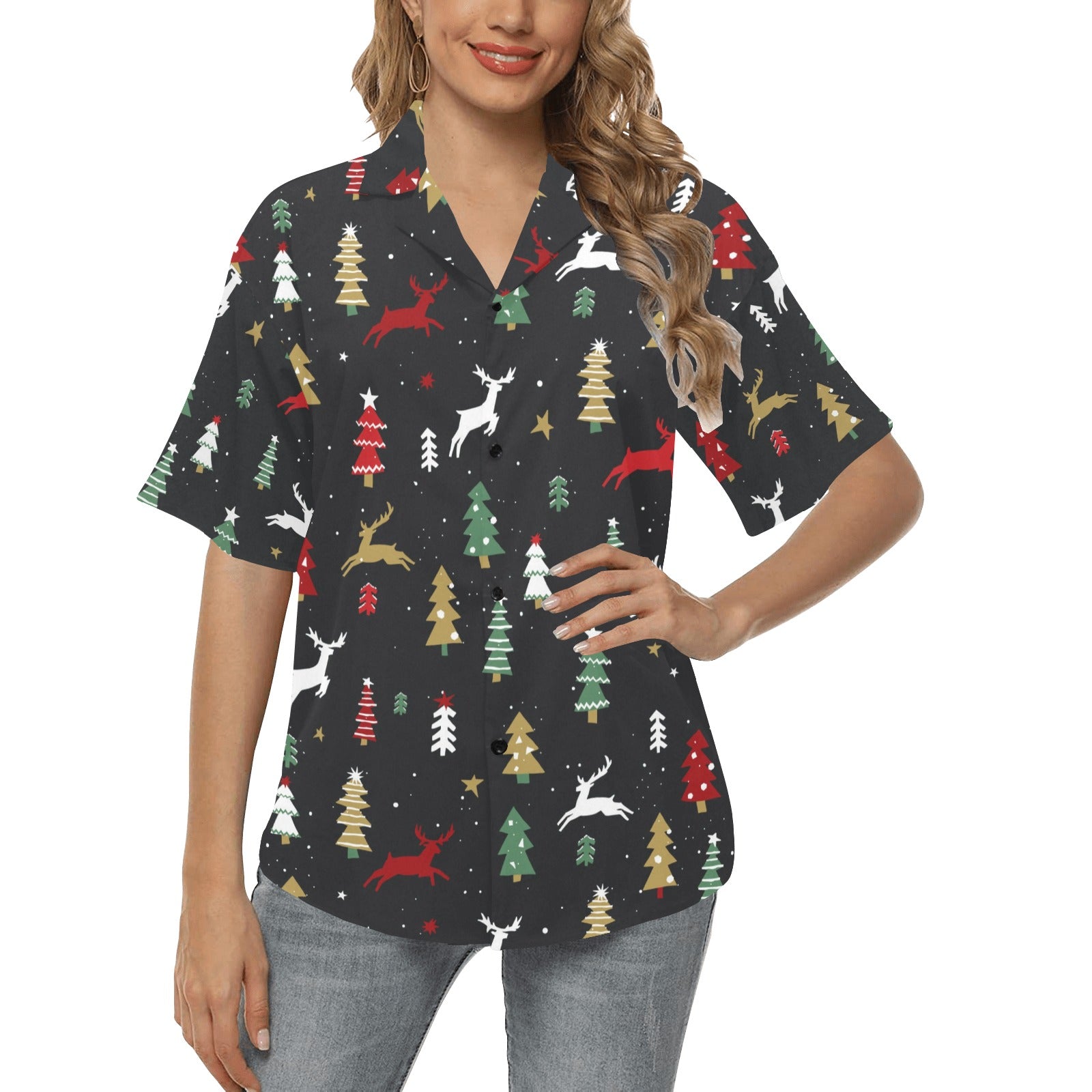 Christmas Tree Deer Style Pattern Print Design 03 Women's Hawaiian Shirt