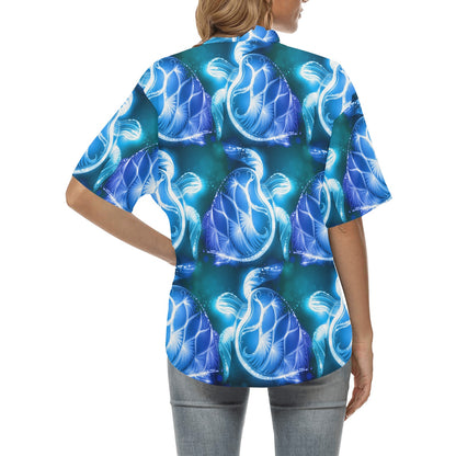 Blue Neon Sea Turtle Print Women's Hawaiian Shirt