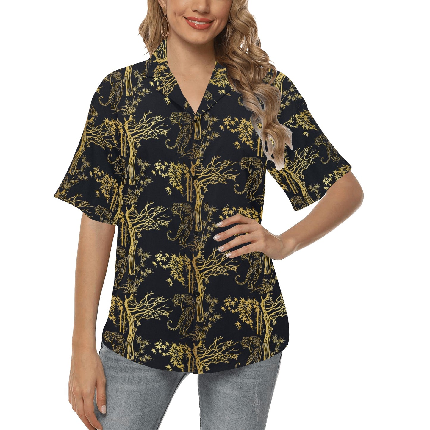 Tiger Gold Print Design LKS307 Women's Hawaiian Shirt