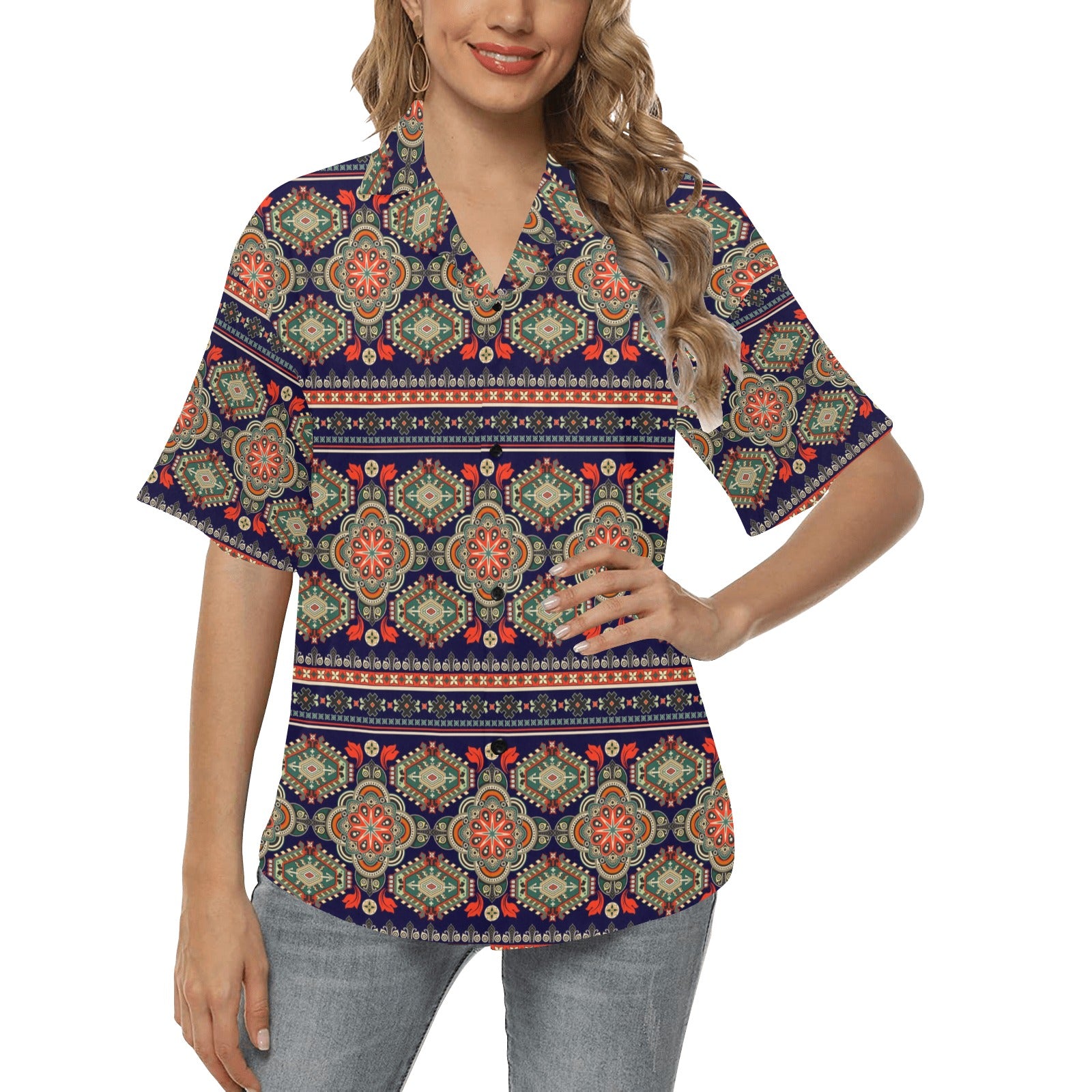 Ethnic Geometric Print Pattern Women's Hawaiian Shirt