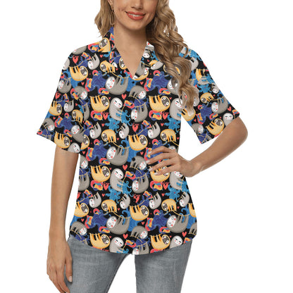Sloth Cartoon Design Themed Print Women's Hawaiian Shirt