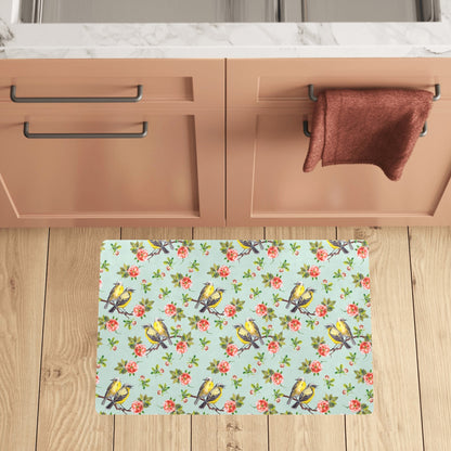 Bird with Red Flower Print Pattern Kitchen Mat